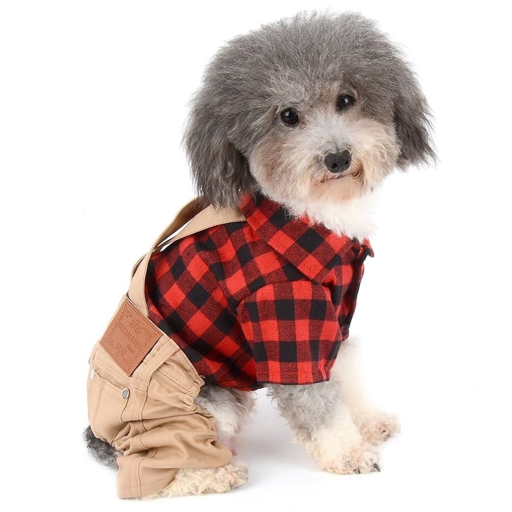 Small Dog Overalls with Plaid Shirt